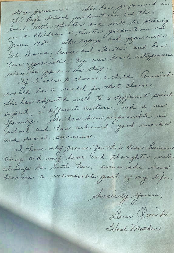 Lettre de la mère d'accueil à Annaïck suite à son séjour scolaire aux USA en 1985 - PIE